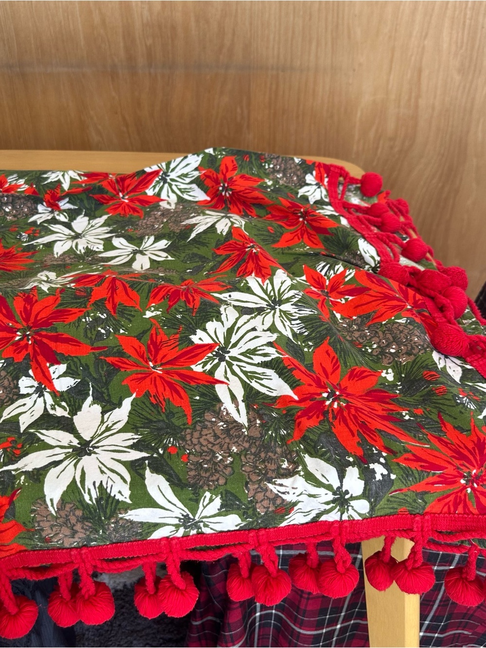Holiday Poinsettia Tablecloth with Red Pom-Pom Trim - Green, Red & White